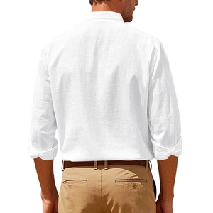 Detail view of the white linen shirt back with a mandarin collar and rolled sleeves