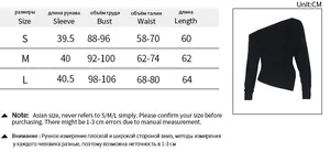 Size guide for women's long sleeve top showing measurements for S, M, and L sizes