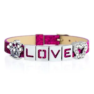Glittery pink leather bracelet with silver slide letters LOVE and sparkling charms