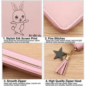 Pink rabbit pattern leather wallet with gold zipper, star pendant and leather tassel