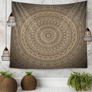 Detailed view of earth-toned mandala wall tapestry in a bohemian style interior setting