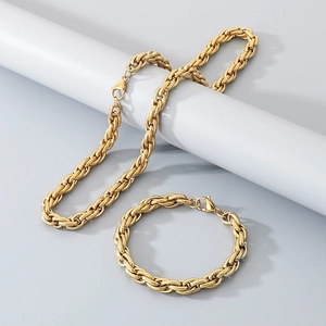 Gold stainless steel necklace and bracelet set with textured hammered chain links