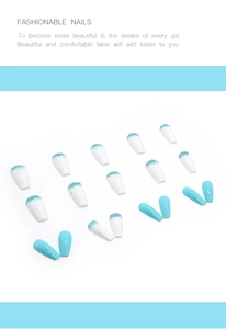 Detail of blue gradient and solid light blue long coffin press-on nails set