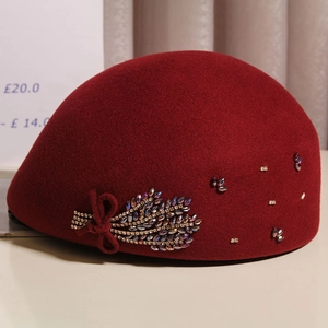 Elegant wine red wool beret with crystal wheat ear bow and sparkling rhinestones