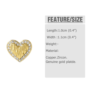 Macro detail of 18k gold plated heart earrings showing 1.0cm by 1.1cm size and zircon inlay