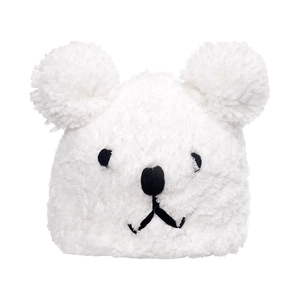 White fuzzy bear ear beanie with pom-poms and cartoon embroidery for winter warmth