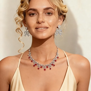 Detail of elegant silver bow earrings and red teardrop necklace set on a female model