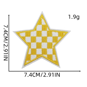 Detail view of yellow checkered star patch showing size 7.4cm with embroidery texture
