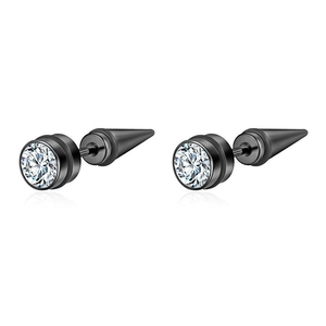 Punk style black stainless steel stud earrings with round clear crystal and cone back design