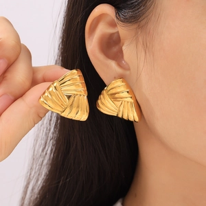 18k gold plated stainless steel triangle earrings with textured striped design for women