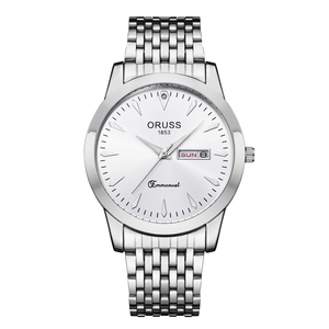 Men's silver stainless steel business watch with white dial and luminous dual calendar