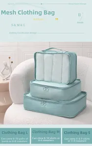 Three-piece light blue mesh travel storage bags set for clothes with sizing and capacity details