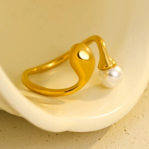 Minimalist geometric gold stainless steel open ring with white pearl and teardrop design