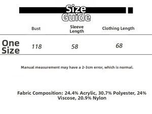 Size chart for oversized V-neck knit cardigan with detailed material and measurements