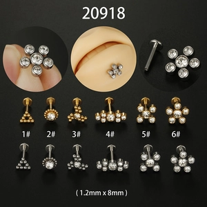 Stainless Steel Zircon Labret Piercing Studs Flat Back Internal Thread Ear Cartilage Earrings Geometric Flower Round Triangle For Men Women