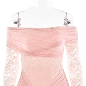 Detail of pink lace stitching and mesh texture on this long-sleeved tube top dress
