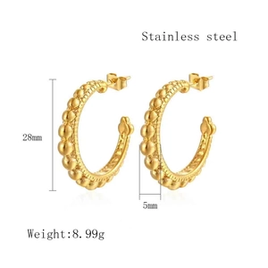 Golden beaded C-shaped stainless steel hoop earrings with 28mm diameter and 5mm width