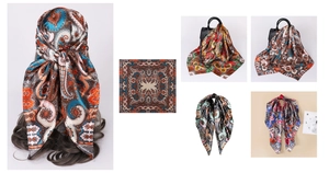 Detail of silk satin paisley square scarf showing texture, pattern and versatile styling