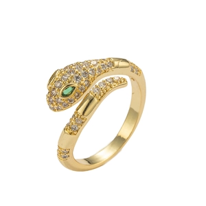 Adjustable snake ring in gold plating with green and white micro-pave zirconia crystals