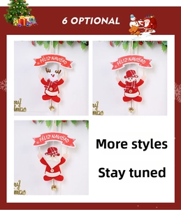 Detail of Santa and Snowman plush ornaments with Feliz Navidad banners and bells