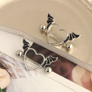 Silver heart nipple rings with black bat wings and barbell design for body piercing