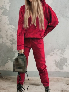 Detail of red velvet tracksuit featuring hooded sweatshirt and drawstring joggers