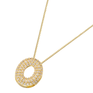 Detailed close-up of a gold-plated chunky O-letter pendant with pavé-set clear zircons