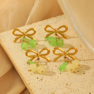 Pastoral bow cherry earrings with colorful beads and gold finish on stone and silk