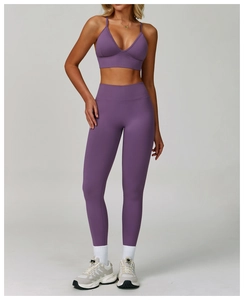 Front view of a purple V-neck sports bra and high-waisted seamless yoga pants set