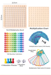 Detail view of wooden 99 multiplication board with colorful blocks, cards, and dice