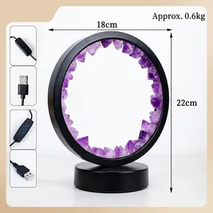 Natural amethyst crystal cluster round desk lamp with USB power cable and metal frame