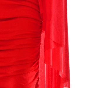 Close-up detail of red mesh ruched fabric texture and stitching on sexy evening dress