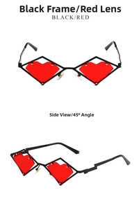 Front and 45-degree side view of heart-shaped sunglasses with black frames and red lenses