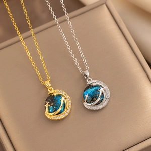 Dreamy planet star and moon necklace with blue starry sky pendant in gold and silver