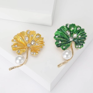 Ginkgo Leaf Brooch Alloy Rhinestone Enamel With Imitation Artificial Pearl Elegant Vintage Clothing Pin Accessory For Women