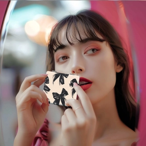 Portable square makeup mirror with black bow pattern held by a model on pink background