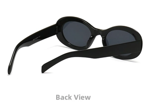 Macro shot of oval sunglasses hinges and temple printed with model 5377 and size details