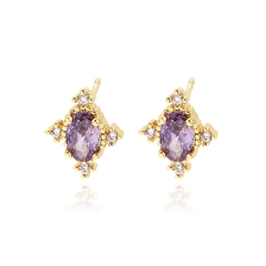 Elegant 18k gold plated oval purple gemstone stud earrings with white diamond halo
