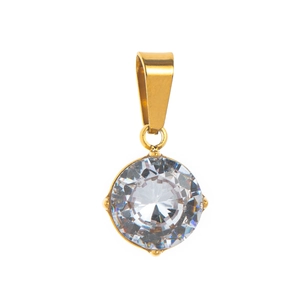 Close-up of a sparkling round clear zircon pendant in a polished gold metal setting