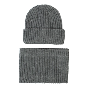 Kids warm dark grey ribbed knit beanie hat and matching neck warmer scarf set