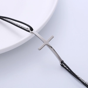 Minimalist silver cross bracelet with black woven rope and metal chain for couples