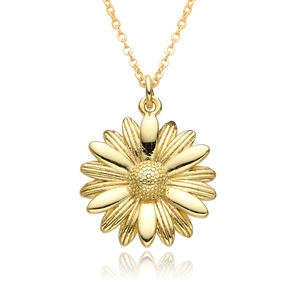 Vintage golden daisy pendant necklace with textured petals and polished finish on white background