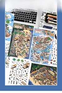Macro detail of large 2.5D city scene stickers with vibrant illustrations for journaling