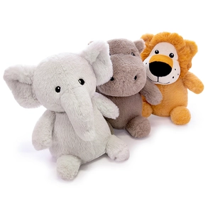 Close-up of soft plush elephant, hippo and lion toy set for kids with fluffy texture