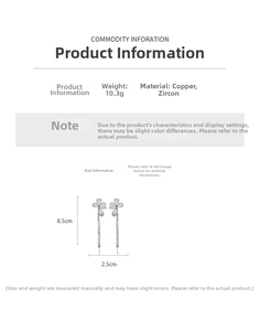 Size chart and dimensions of elegant silver flower tassel earrings with zircons