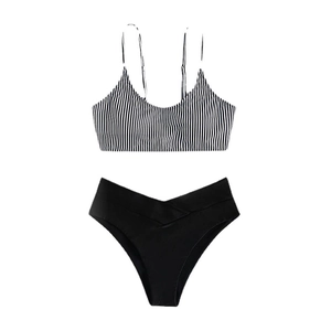 Two-piece bikini set with vertical striped top and black high-waisted V-cut swim bottoms