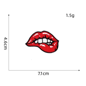 Detailed view of red lips embroidered patch with 7.1cm x 4.6cm size measurements