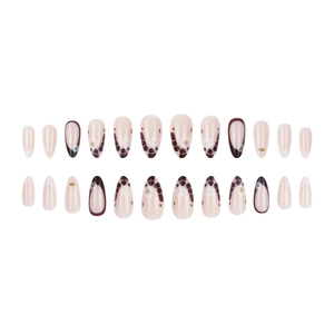 24pcs long almond press-on nails with nude pink marble and gold bead accents