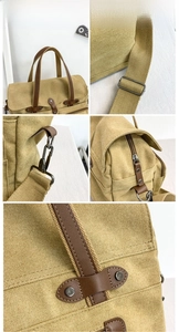 Close-up of durable canvas messenger bag showing metal hardware and leather stitching details
