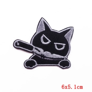Cute black cat embroidery patch with knife for DIY clothing decor, size 6x5.1cm